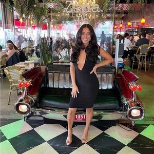 Solace London black deep plunge midi dress